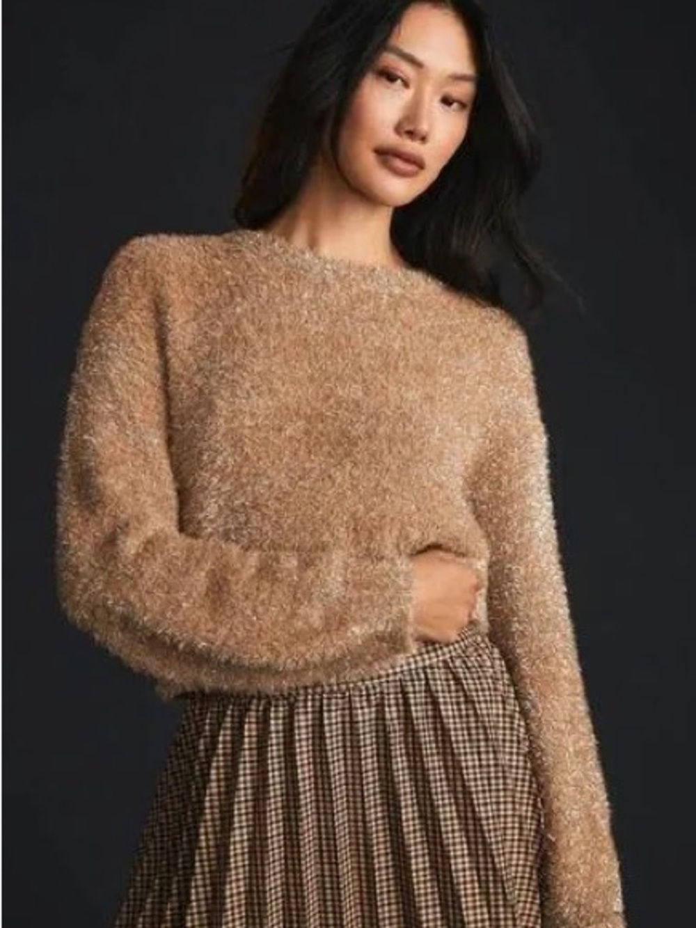 Anthropologie Maeve Tan Tinsel Eyelash Sweater Size Small